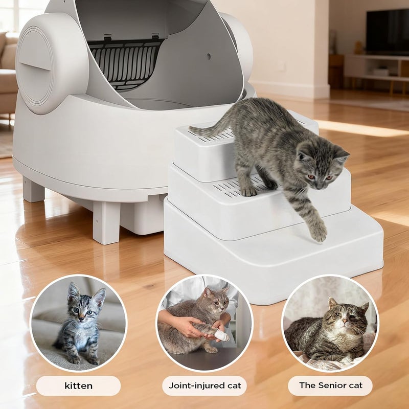 Himake Adjustable 3 Steps Litter Box Ramp, Cat Ramp for Litter Box with Litter Trapper, Litter Box Step for Small & Elderly Cats, Fits Automatic Litter Boxes (White) - Image 5